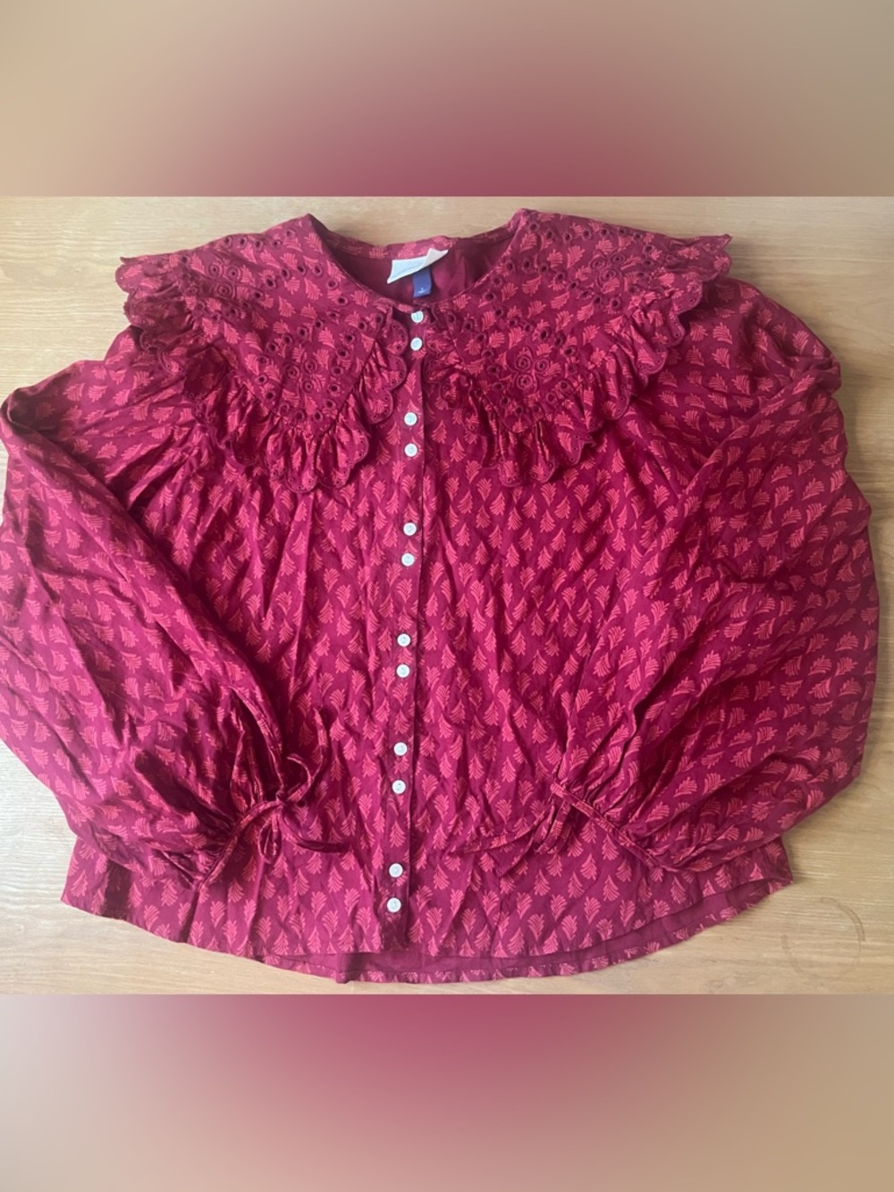 Universal Thread Women’s Red Embroidered Blouse Large Cotton Button Up Coquette